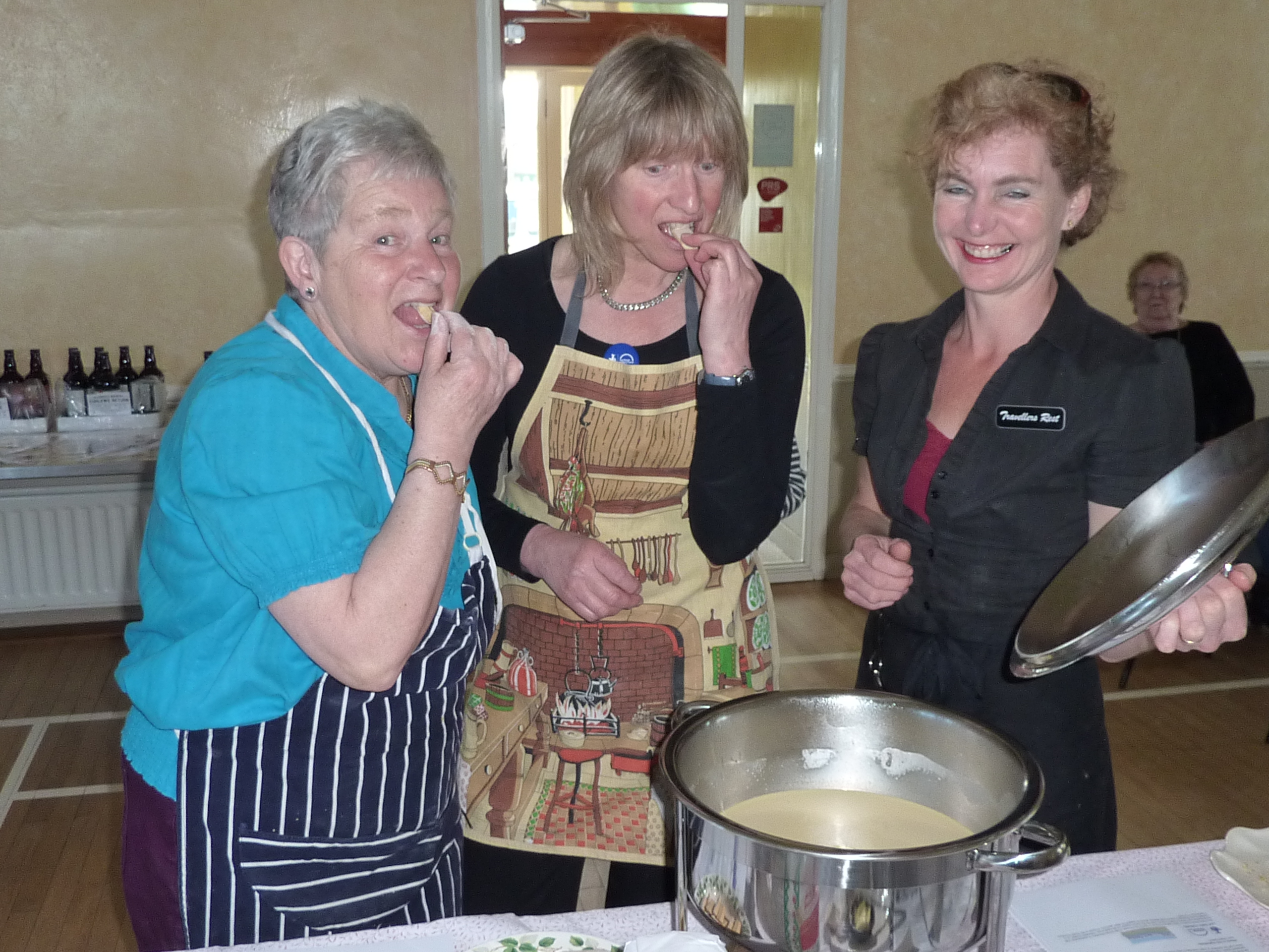 Delicious! Pat Wilson, Pam Forbes sample Lemon Posset with Nelleke Astbury of the Travellers Rest